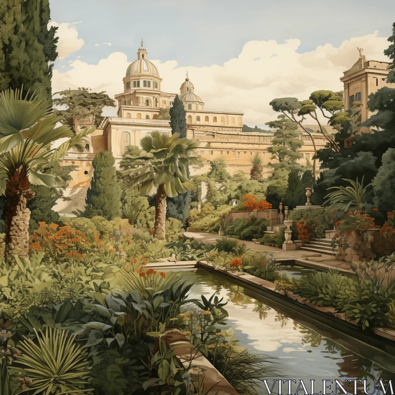 Captivating Garden with Precise Architecture Paintings AI Image
