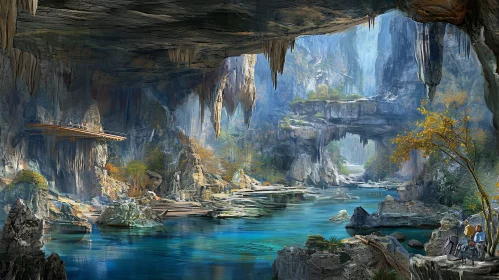 Enchanting Cave River Landscape with Waterfall