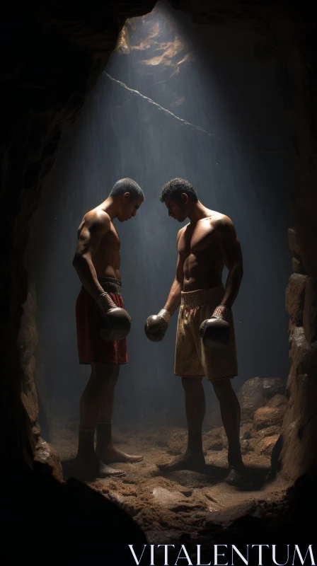Intense Boxing Match in a Dark Cave AI Image