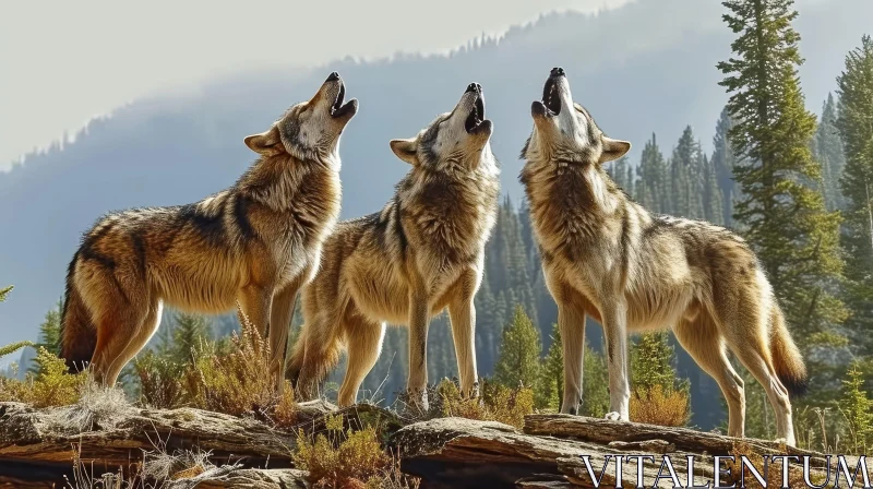 Majestic Wolves Howling in Wilderness - Nature Photography AI Image