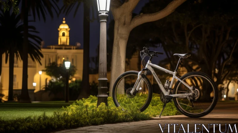 Night Urban Scene with Bicycle and Street Lamp AI Image