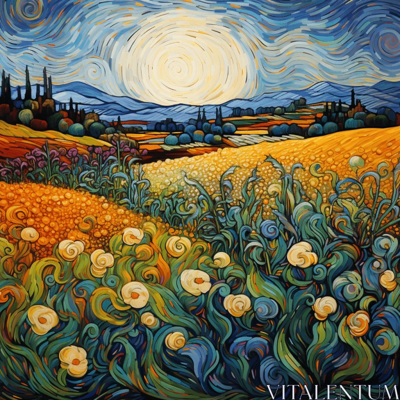 Sunflower Field Painting with Starry Sky | Art Nouveau Style AI Image