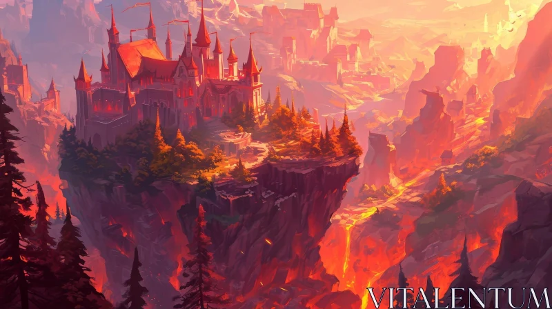 Enchanting Castle Painting on Cliff | Sunset Sky | Fantasy Art AI Image