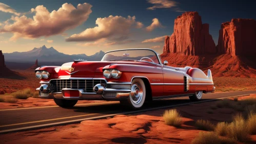 Vintage Red Cadillac Eldorado Driving in Desert Landscape