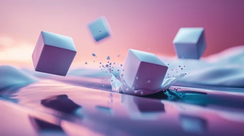 White Cubes Splashing into Pink Liquid - 3D Render