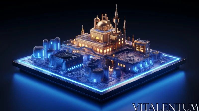 Golden Mosque 3D Rendering with Blue Neon Lights on Black Background AI Image