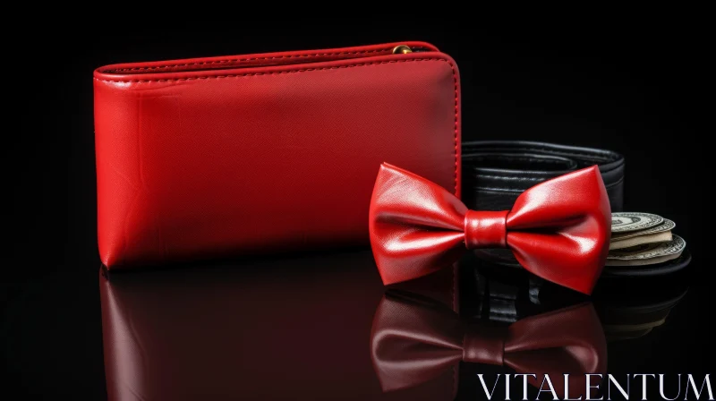 Red Leather Wallet, Black Belt & Bow Tie Composition AI Image