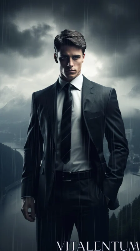 Serious Young Man in Suit Standing in Rain AI Image