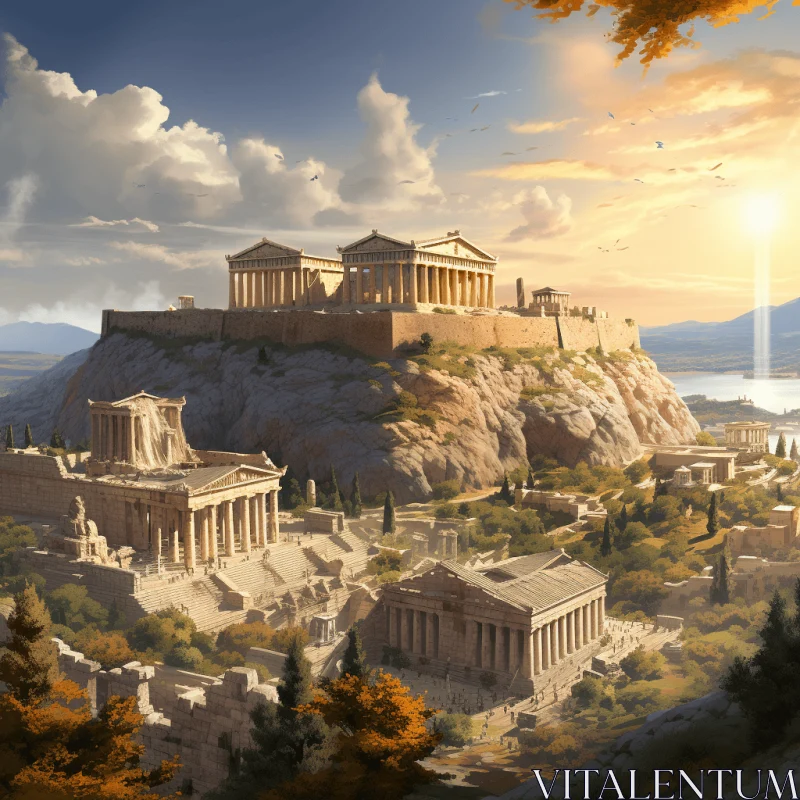 Ancient Greek City in the Sky: Realistic Rendering with Golden Light AI Image