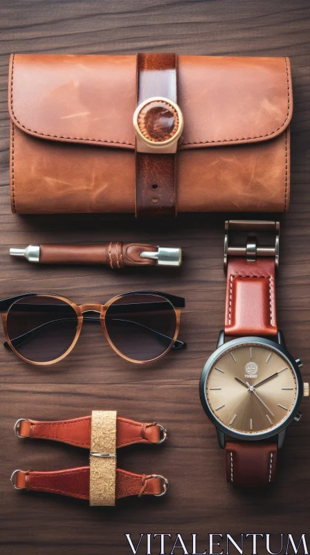 Brown Leather Accessories Composition on Wooden Background AI Image