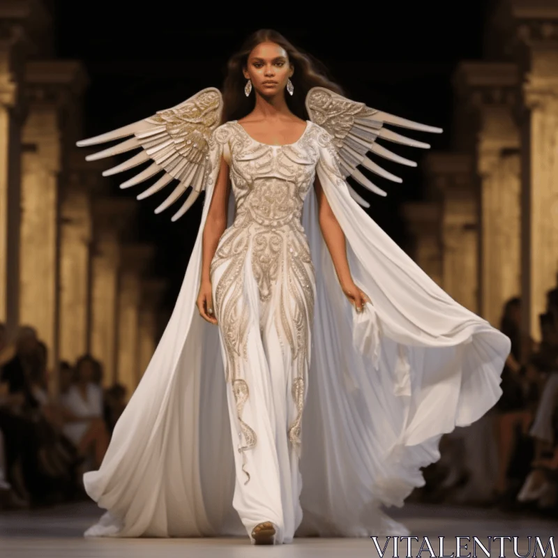 Mesopotamian-inspired Art: Model with Golden Wings on Runway AI Image
