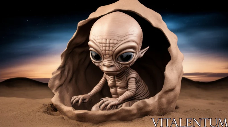 Mysterious Alien Creature in Sandy Hollow on Distant Planet AI Image
