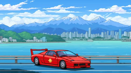 Red Sports Car on Bridge Digital Painting