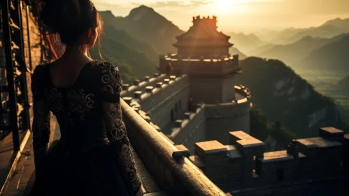 Woman in Black Dress at Great Wall of China