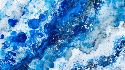 Blue and White Marbled Abstract Painting of Stormy Sea
