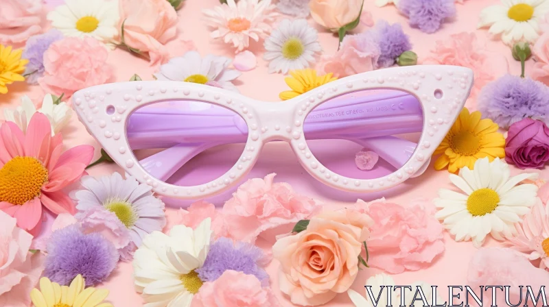 Purple Plastic Sunglasses Among Pink Flowers AI Image
