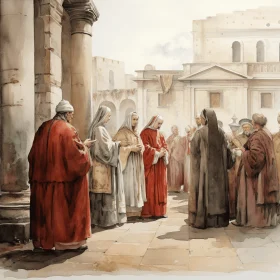 Ancient World Illustration: Detailed Architecture and Religious Leaders