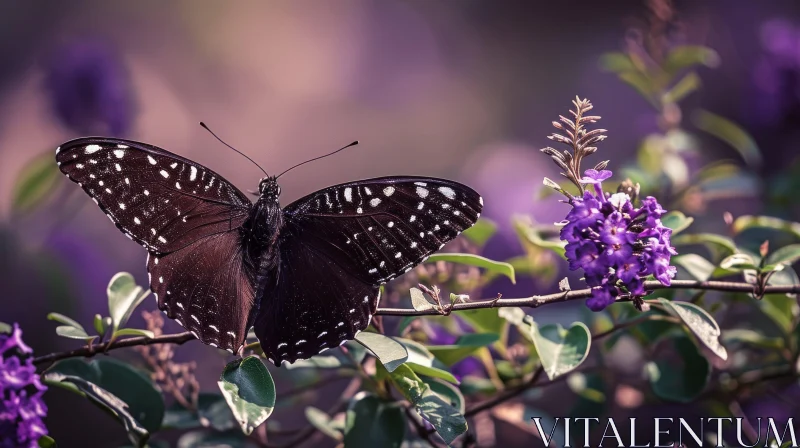 Dark Butterfly on Branch with Purple Flowers AI Image