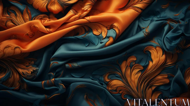 Golden Floral Pattern on Dark Blue Silk Fabric AI Image
