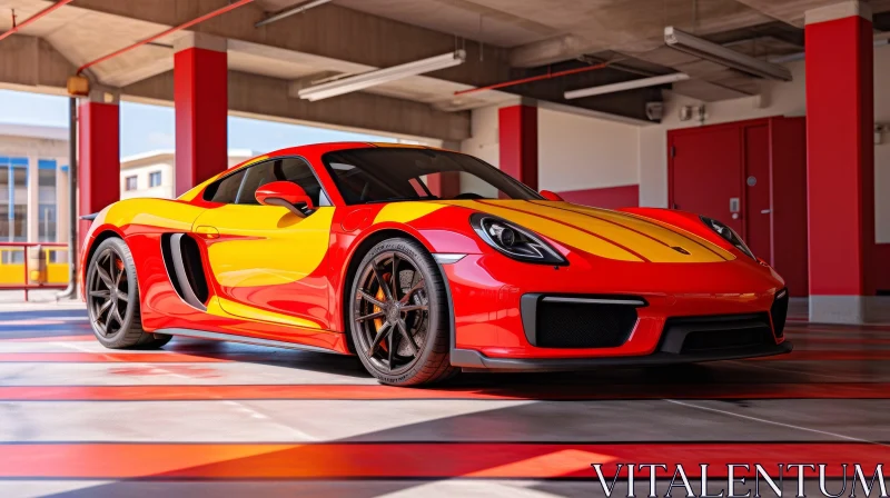 Red and Yellow Porsche 718 Cayman GT4 Sports Car in Garage AI Image