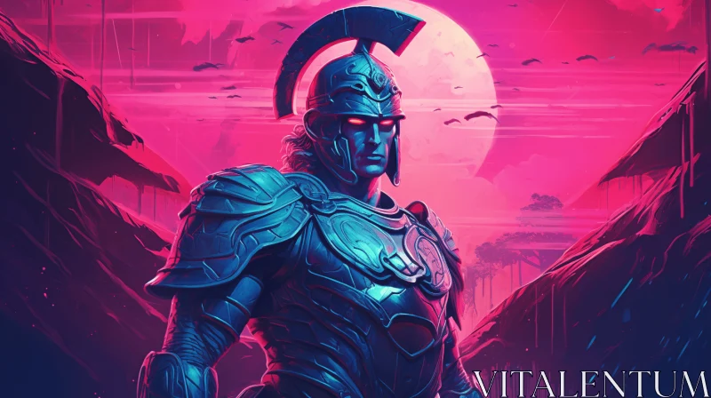 Spartan Soldier in Vibrant Fantasy Landscape AI Image