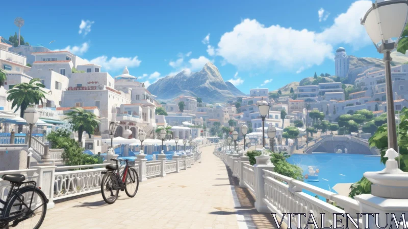 Tranquil 3D Rendering of a Mediterranean Town Overlooking the Sea AI Image