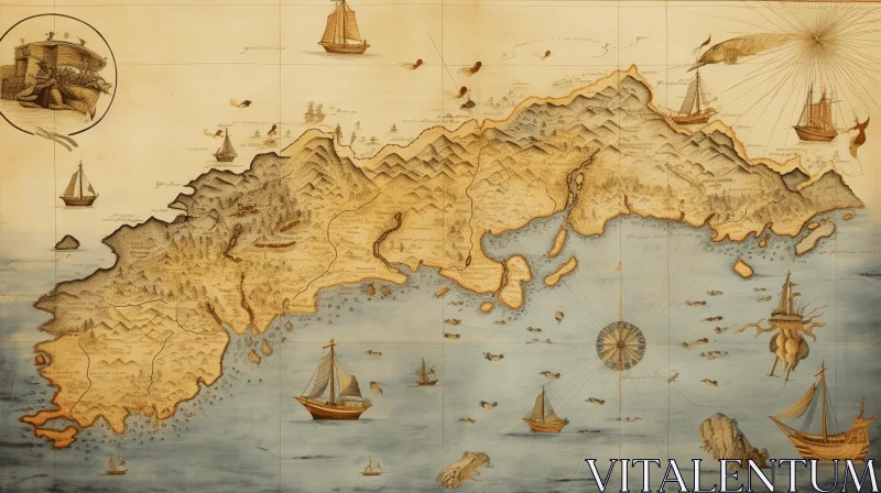 Vintage Map of Ibiza: Edo-Period Inspired Art with Realistic Details AI Image