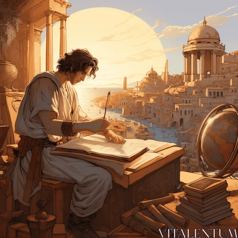 Captivating Artist's Portrait: Man Writing at Desk in Epic Fantasy City AI Image