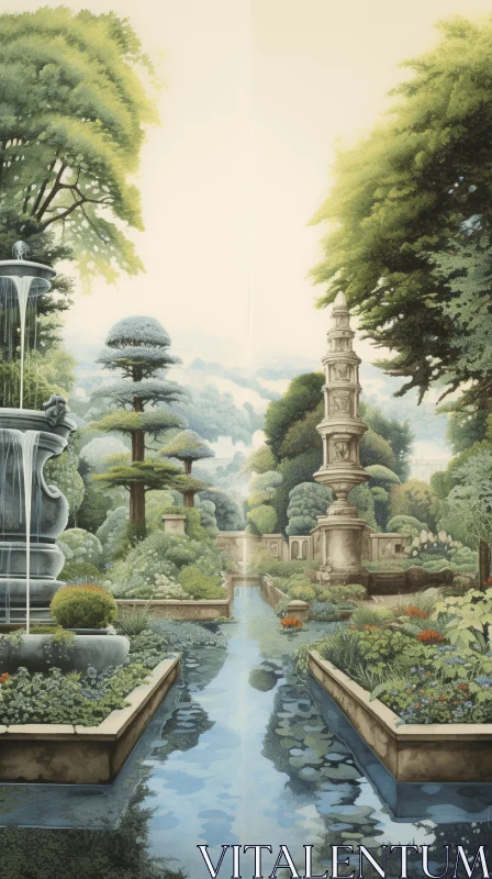 Captivating Oriental Painting of Fountains and Trees | Hyperrealistic Art AI Image