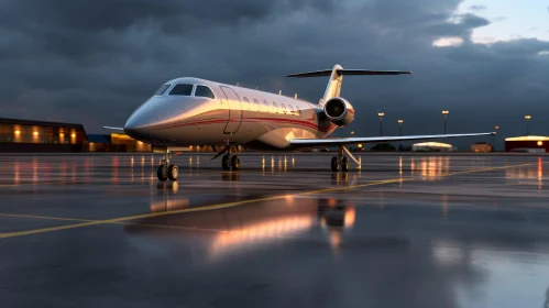 Private Jet at Sunset on Runway - Silver and Red Aircraft