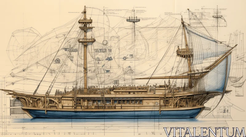 AI ART Exquisite Drawing of an Ancient Ship: Architectural Blueprints and Intricate Details