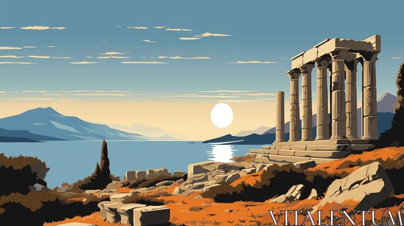 Greek Temple on the Shore: Vintage Poster Design with Mountains and Ocean AI Image