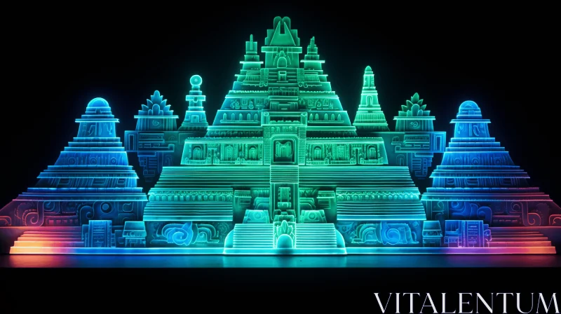 Mesmerizing Cyan Neon-lit Castle with Decorative Relief | Artistic Masterpiece AI Image
