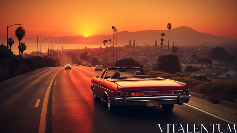 Red Vintage Car Coastal Sunset Drive AI Image