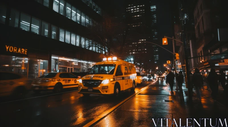 Urban Night Scene: Yellow Ambulance in City AI Image
