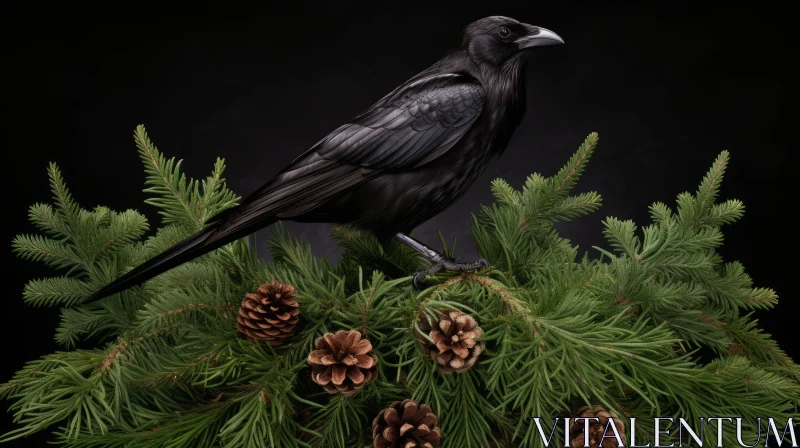 Close-up Photo of a Raven on Pine Branch AI Image