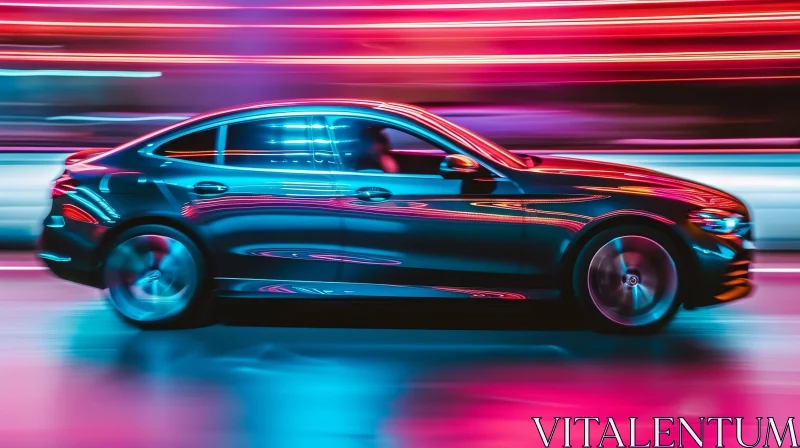 Night Drive: Black Car Speeding on Road with Colorful Headlights AI Image