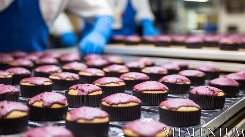 Delicious Cupcakes on Conveyor Belt: Close-Up Photo AI Image