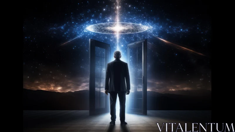 Enigmatic Man Standing in Front of Glowing Door AI Image
