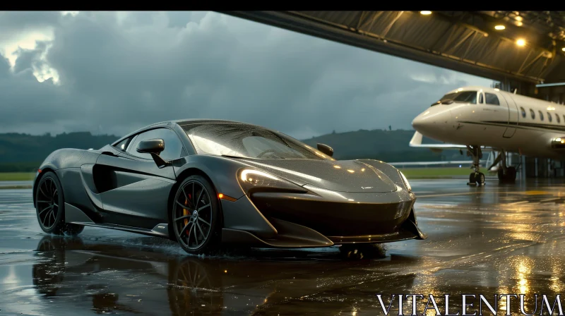 Black Sports Car Parked on Wet Runway with Private Jet AI Image
