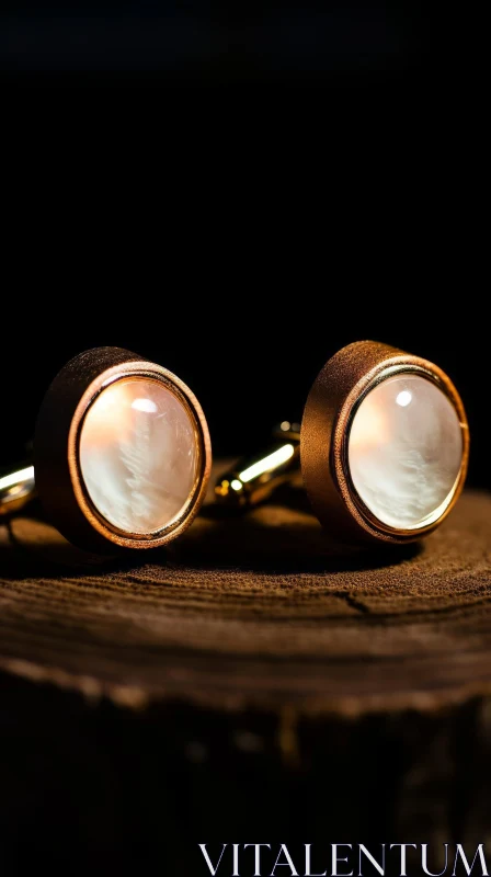 Exquisite Gold Cufflinks on Wood | Close-up Image AI Image