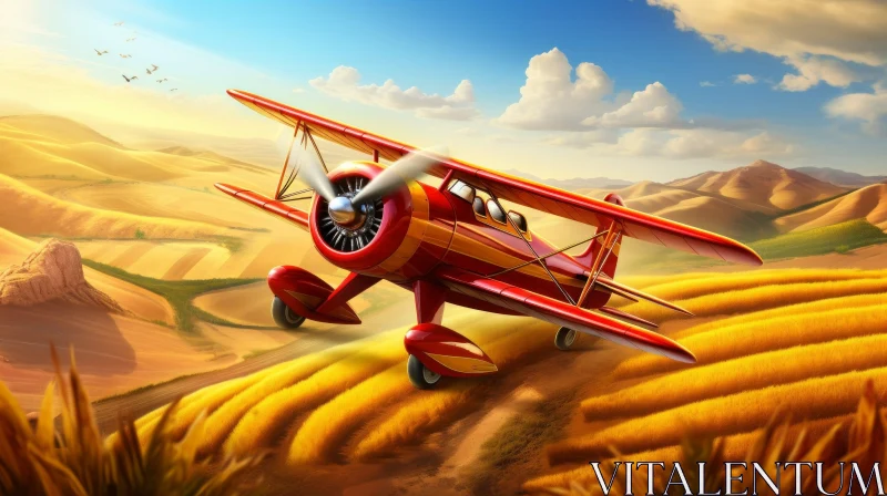 Red Biplane Flying Over Golden Wheat Field AI Image