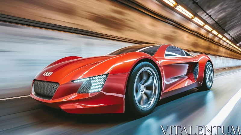 Red Sports Car Speeding Through Futuristic Tunnel AI Image