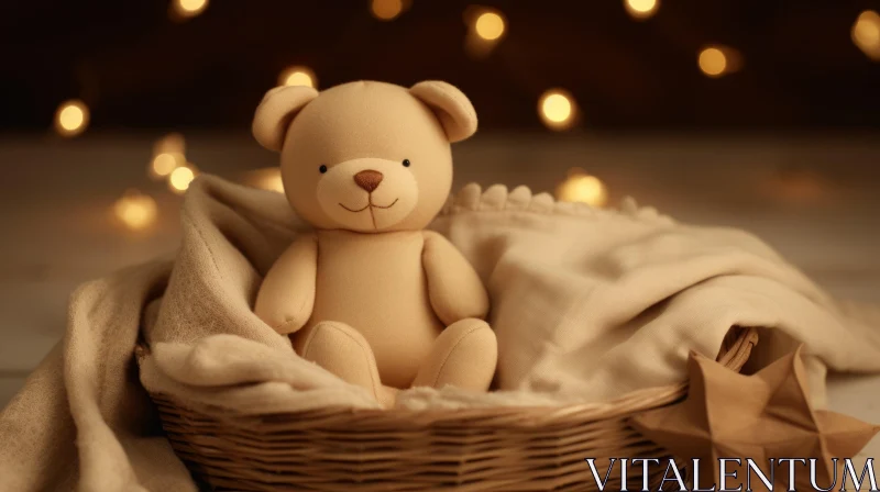 Teddy Bear in Wicker Basket - Studio Shot with Cream-colored Blanket AI Image