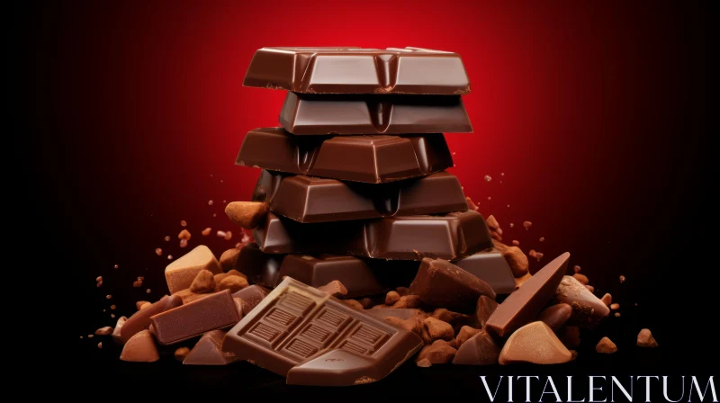 Dark Chocolate Bars Stack on Red Background - Rich and Indulgent AI Image
