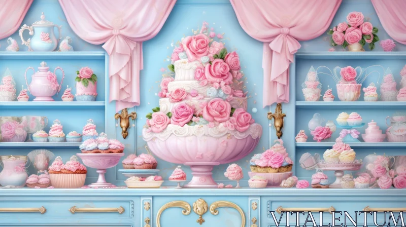Pink and Blue Cake Shop: Digital Painting of a Delightful Pastry Haven AI Image