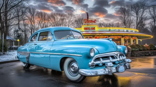 Vintage Car Parked Outside Colorful Diner | Nostalgic Scene