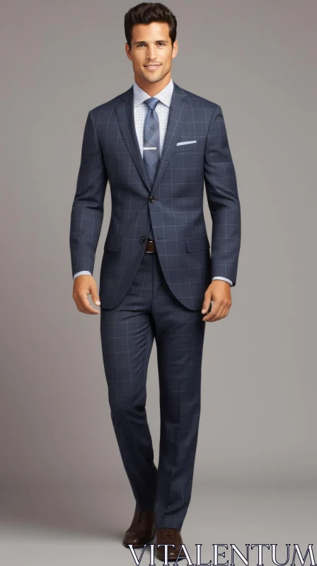 Confident Young Man in Blue Suit | Neutral Gray Background AI Image