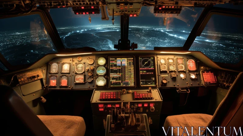 Night Flight: Captivating View from Airplane Cockpit AI Image