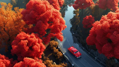 Aerial Forest Road with Red Flowers and Car